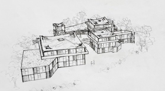 Pencil aerial view of the campus, showing how the buildings step around the courtyards between the trees.