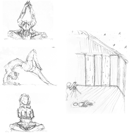 Pencil studies of three yoga postures beside an interior perspective looking up at a sloping glazed wall.