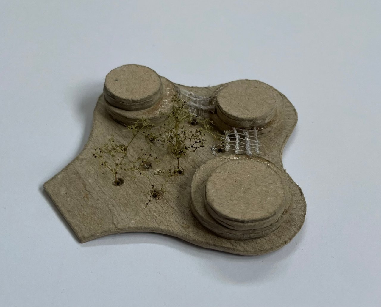 Card massing model of three circular blocks on a shaped base, with dried planting and a lattice walkway between them.