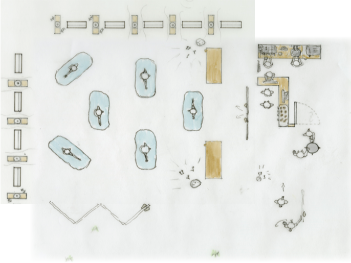 Coloured plan of the pavilion, showing bathing pools, changing screens and a small counter.