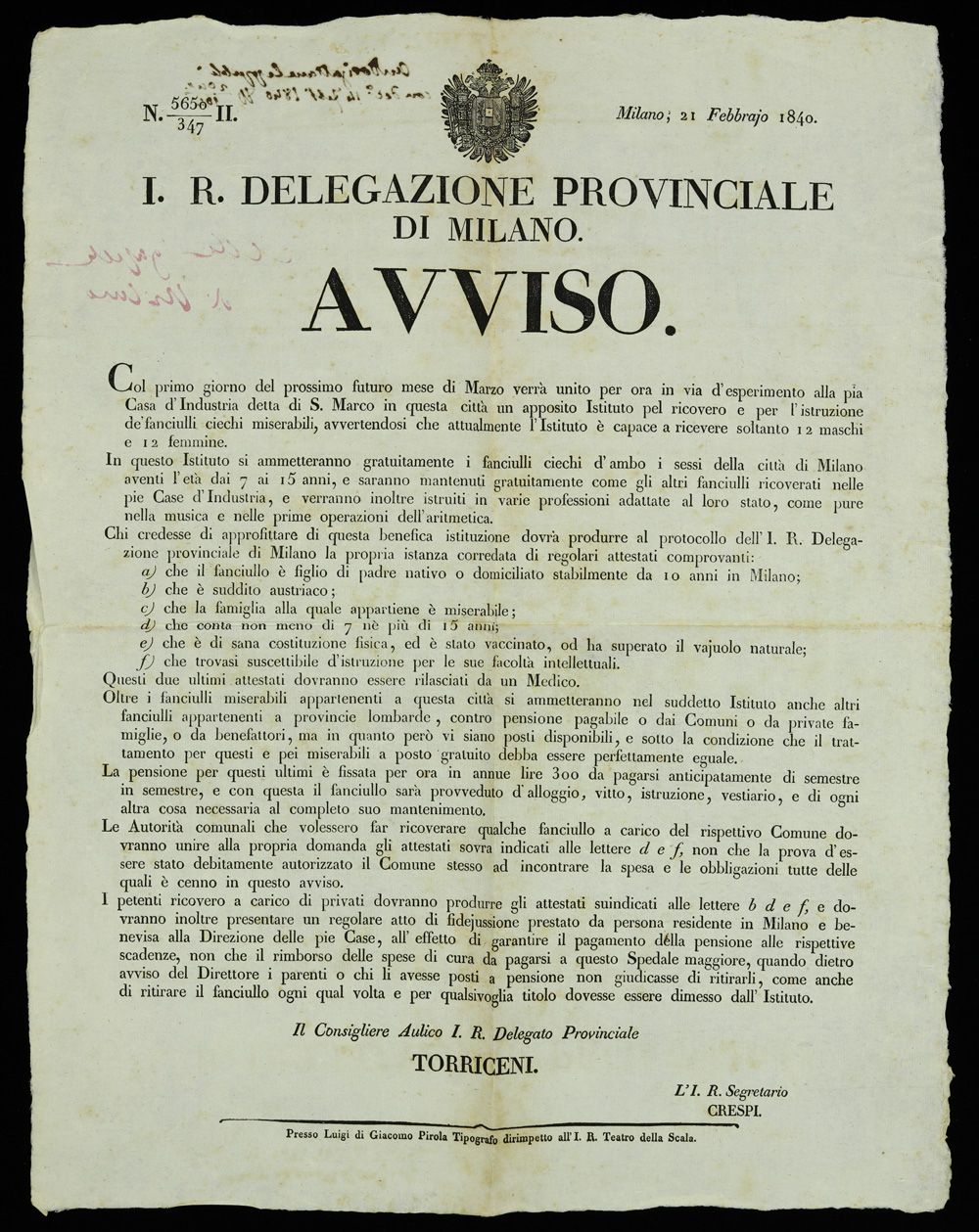 l'avviso, pubblicato Il 21 febbraio 1840 dalla Delegazione Provinciale di Milano, a firma del consigliere Torriceni