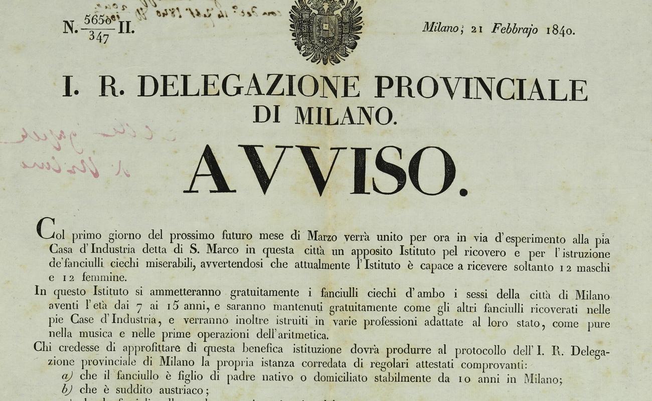 Avviso pubblicato Il 21 febbraio 1840 dalla Delegazione Provinciale di Milano, a firma del consigliere Torriceni