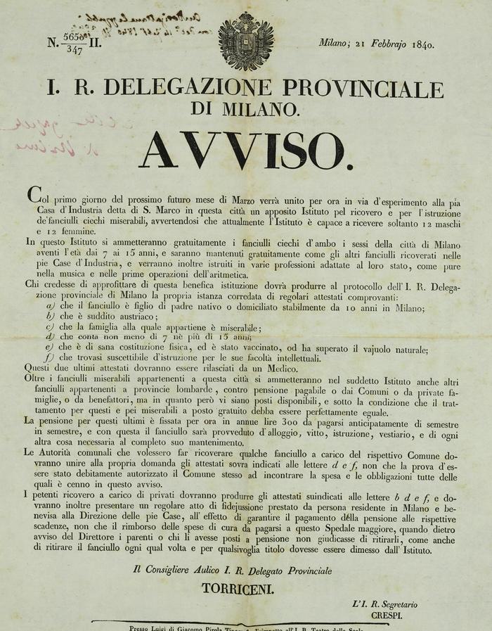 Avviso pubblicato Il 21 febbraio 1840 dalla Delegazione Provinciale di Milano, a firma del consigliere Torriceni