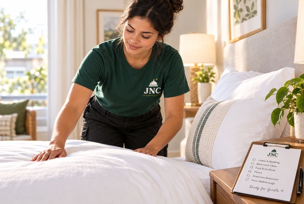 JNC cleaner making a bed in a staged rental bedroom with a turnover clipboard