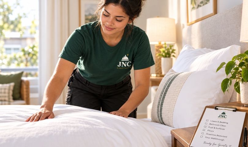 JNC cleaner making a bed in a staged rental bedroom with a turnover clipboard