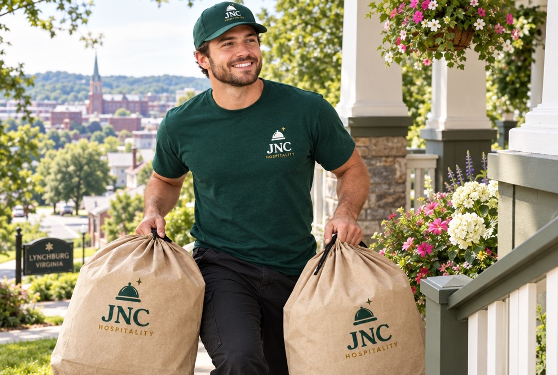 JNC team member carrying two laundry bags to a front porch