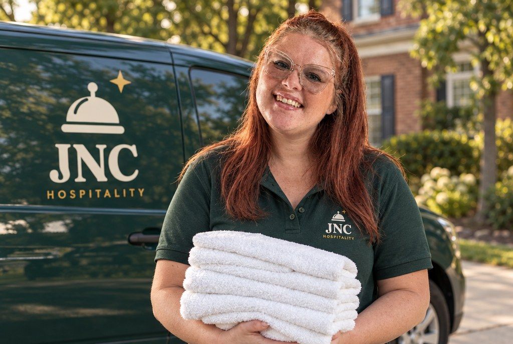 Judy Reynolds holding folded towels beside the JNC Hospitality van