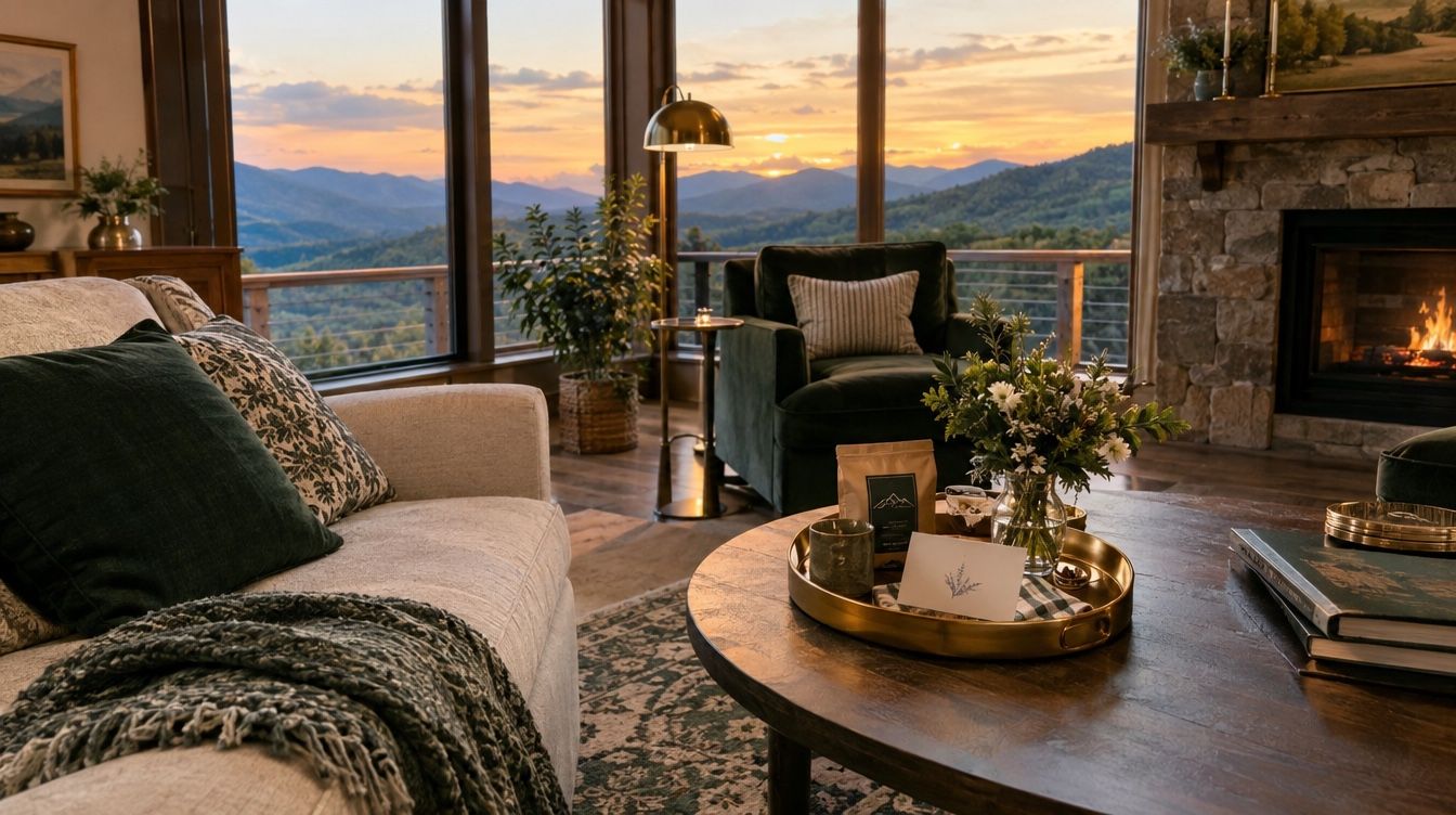 Staged vacation-rental living room with a stone fireplace and mountain views at sunset