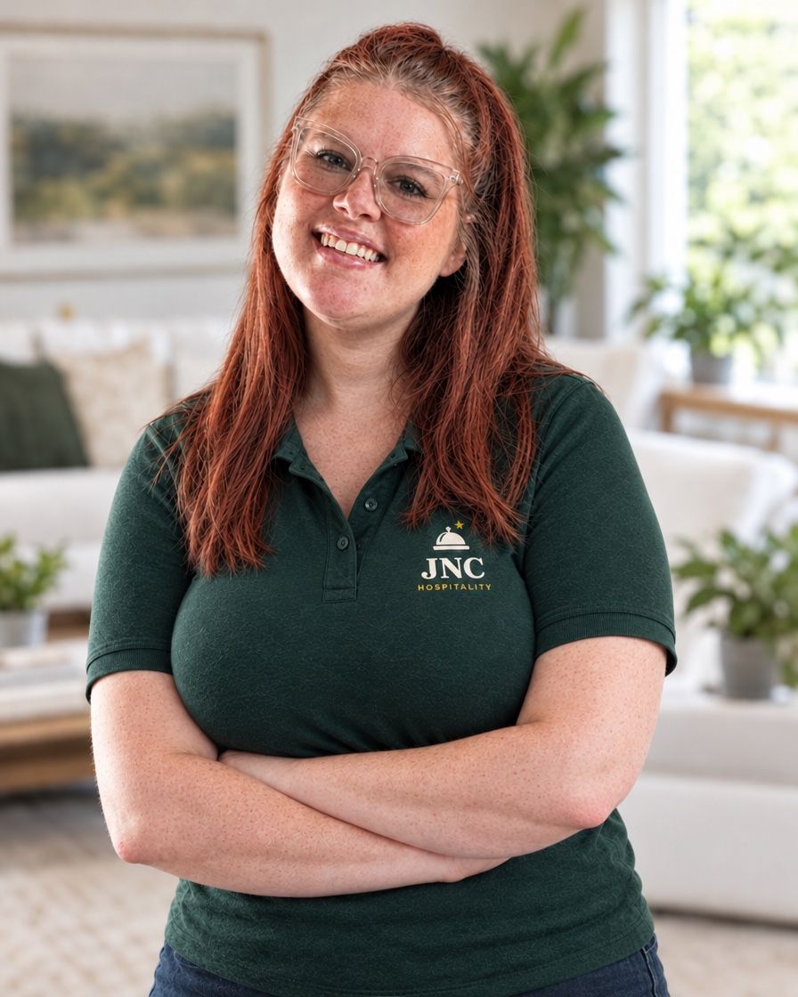 Judy Reynolds, owner of JNC Hospitality, arms crossed in a living room