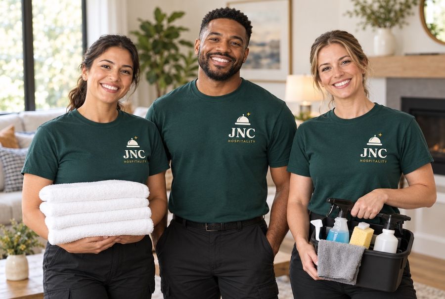 Smiling JNC cleaning team in spruce green polos with towels and supplies