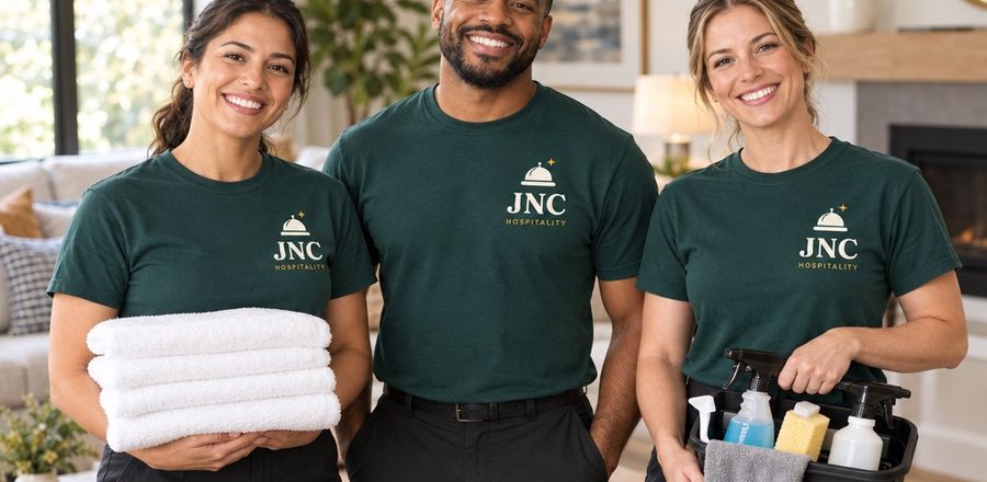 Two smiling JNC cleaners in spruce green shirts, one holding stacked white towels