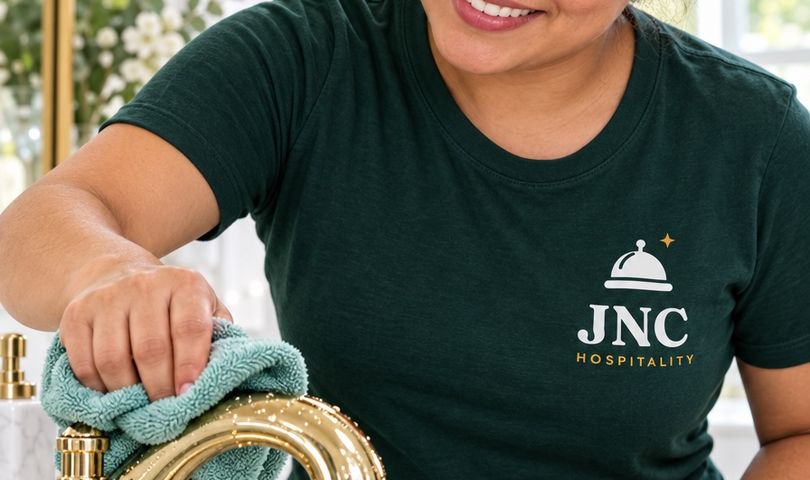 JNC cleaner polishing a brass faucet with a teal cloth