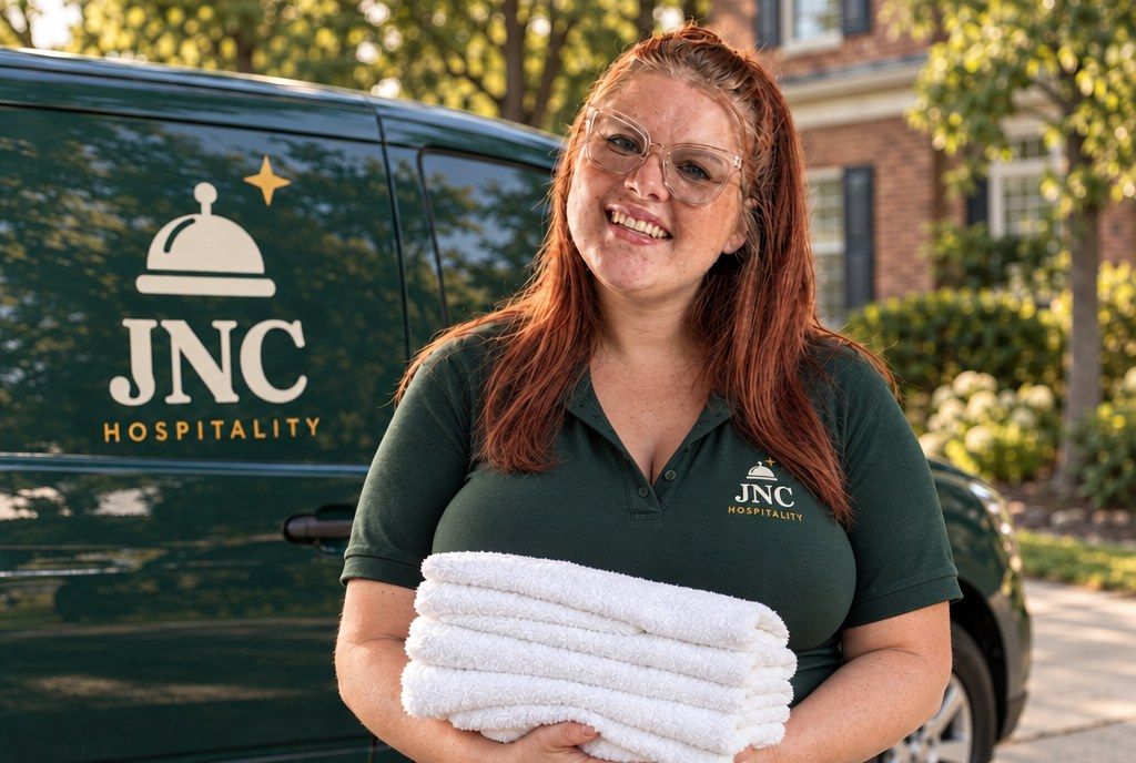 JNC team member holding folded towels beside the JNC van