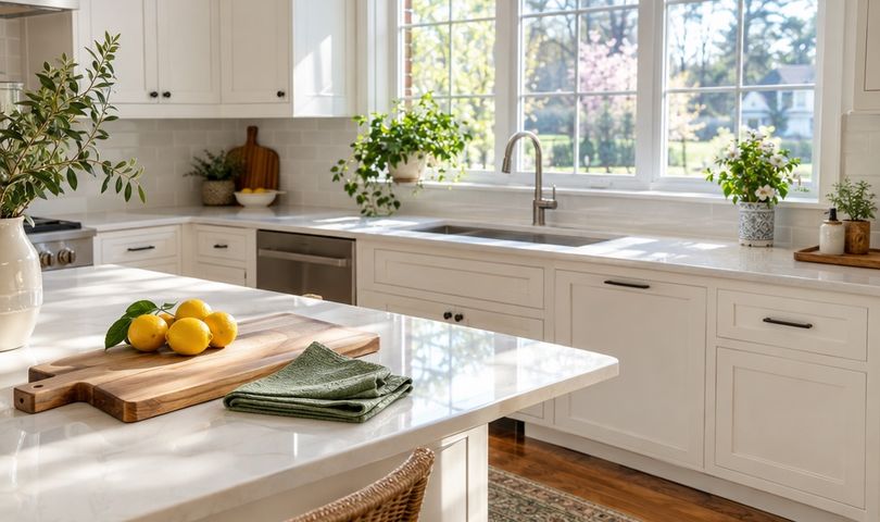 Bright kitchen with marble island, cutting board, lemons and a folded green towel