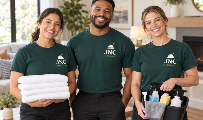 Three JNC team members holding folded white towels in a living room