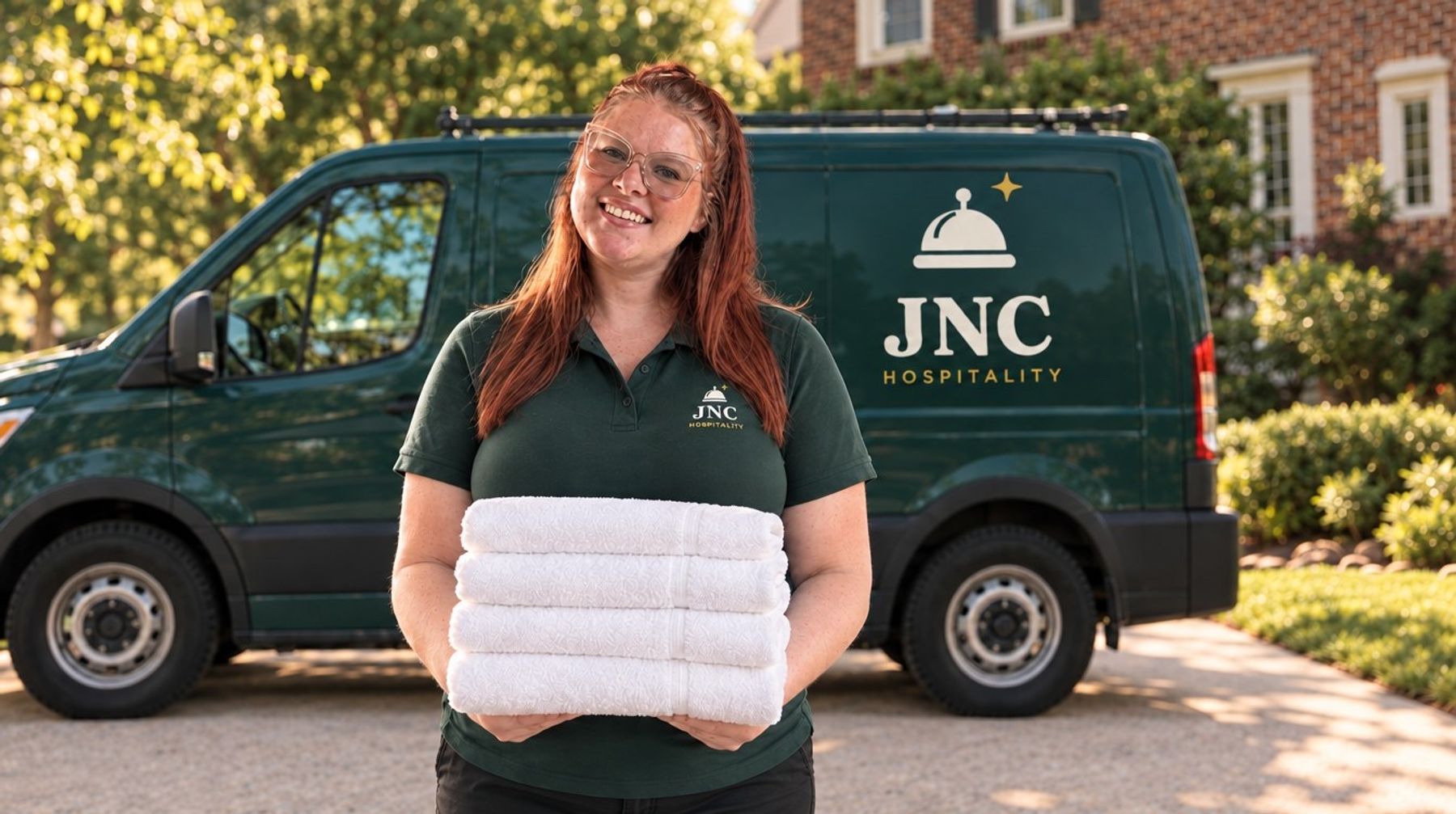 JNC team member holding a stack of white towels in front of a JNC Hospitality van, Lynchburg
