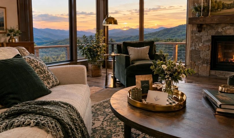 Mountain-view rental living room staged with throw blankets and a brass tray