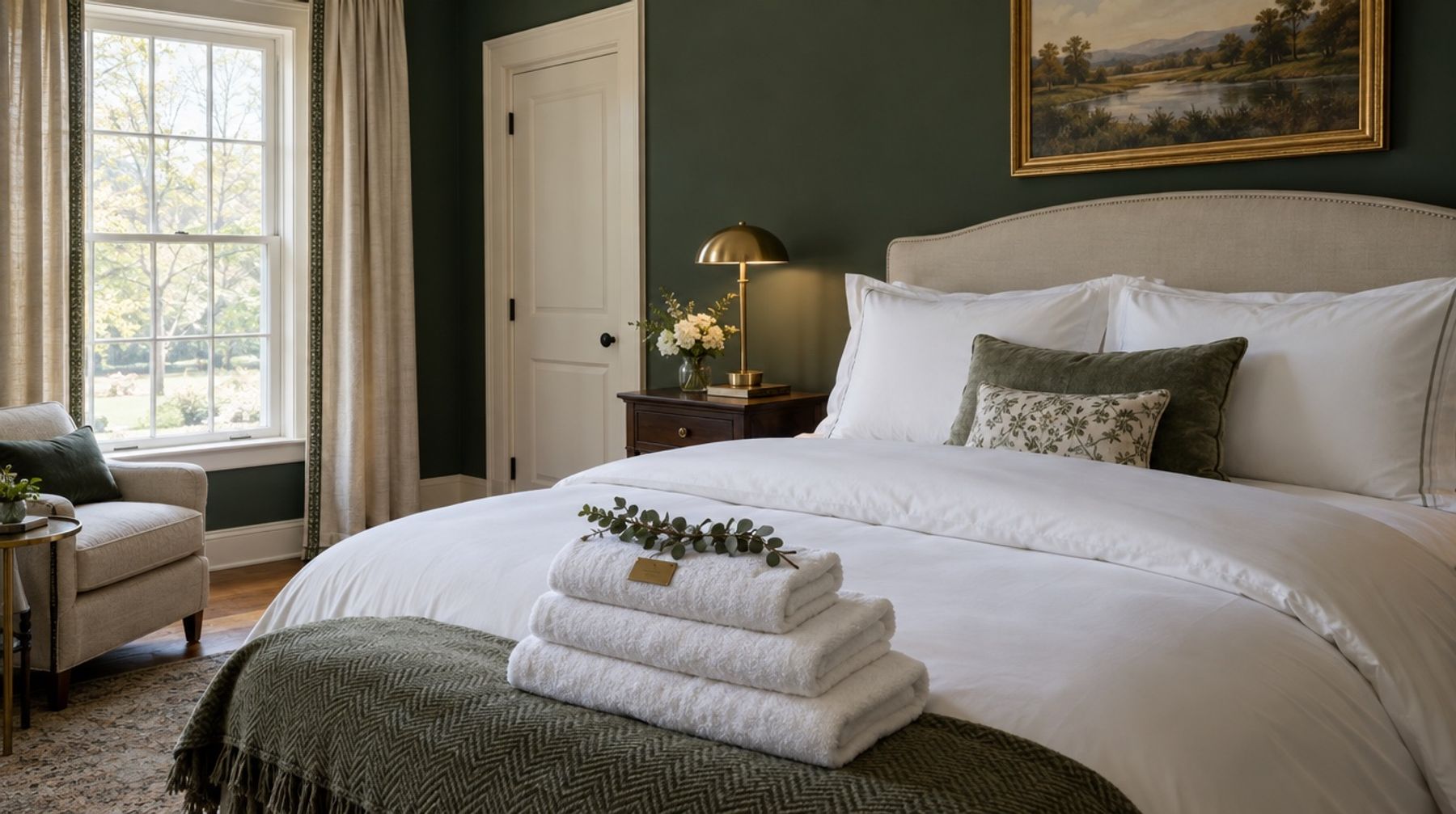 Freshly made hotel-style bed with folded white towels