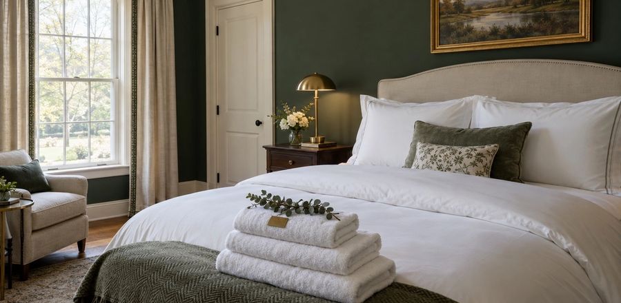 Freshly made hotel-style bed with folded white towels