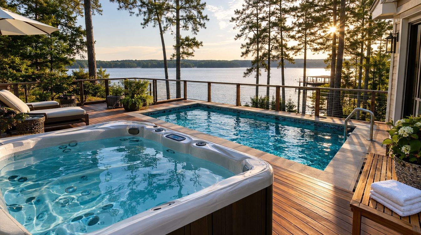 Clean hot tub on a lakeside deck at sunset