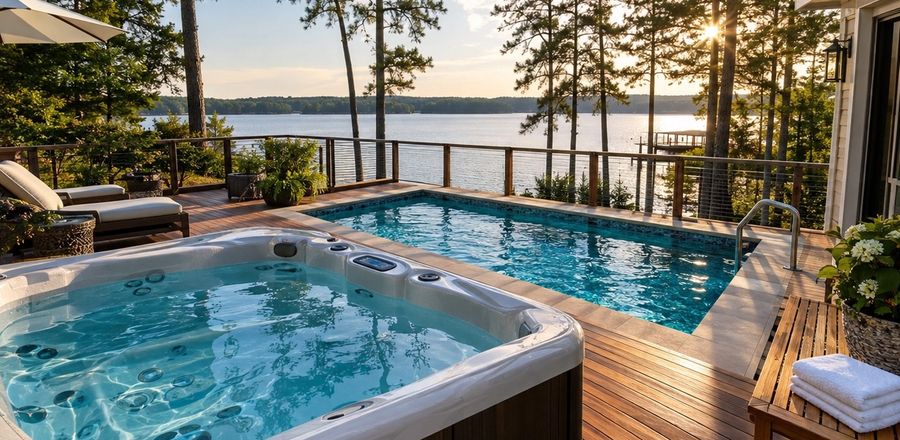 Clean hot tub on a lakeside deck at sunset