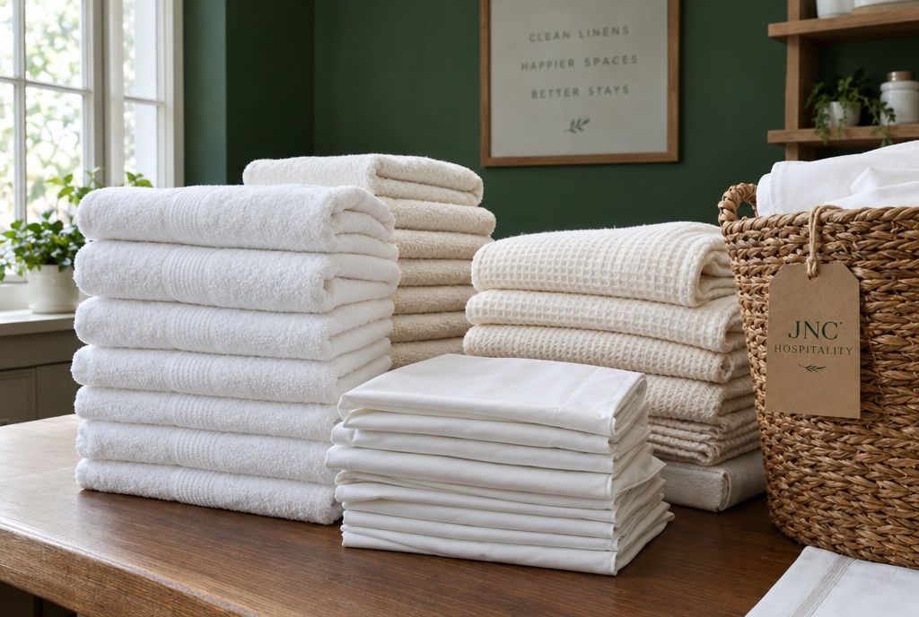 Stacks of folded white towels beside a laundry basket