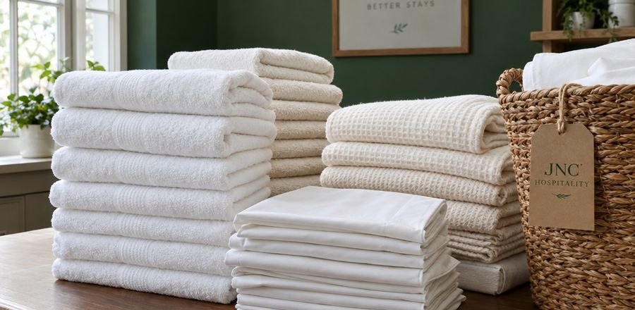 Stacks of folded white towels beside a laundry basket