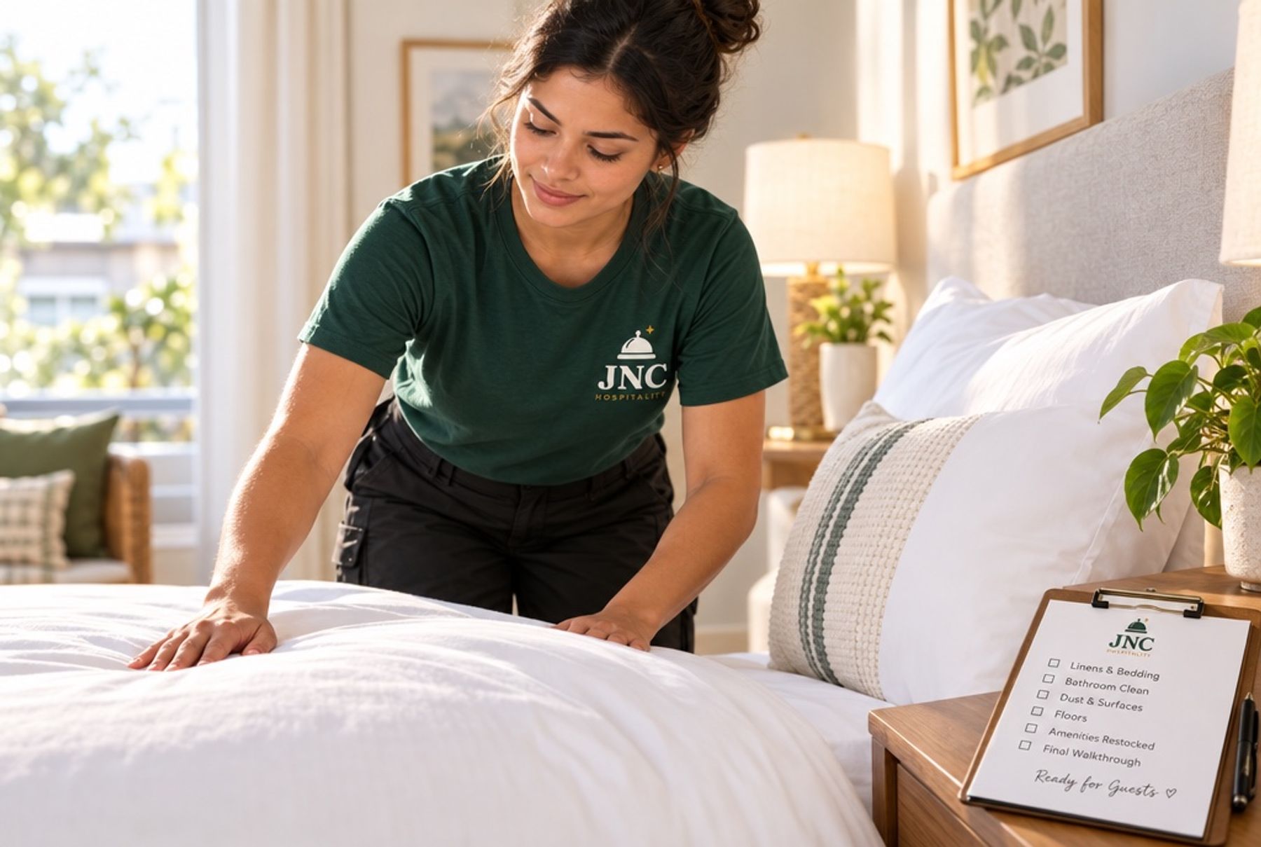 JNC cleaner making a bed with fresh linens