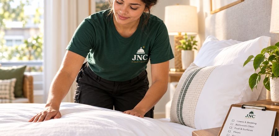 JNC cleaner making a bed with fresh linens
