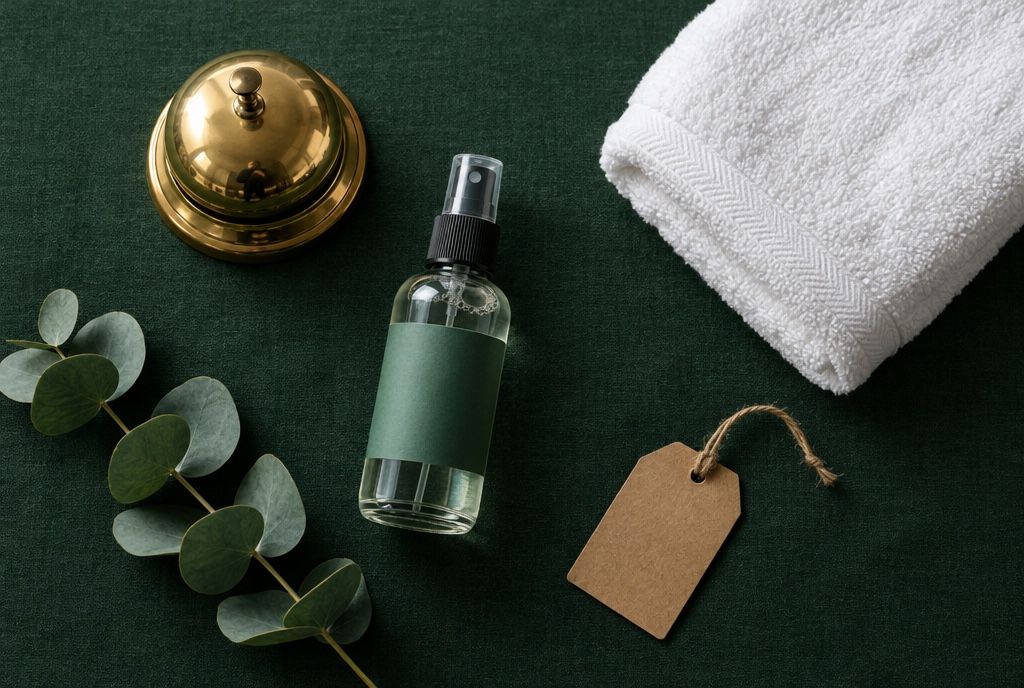 Brass service bell, eucalyptus, towel and linen spray on dark green linen