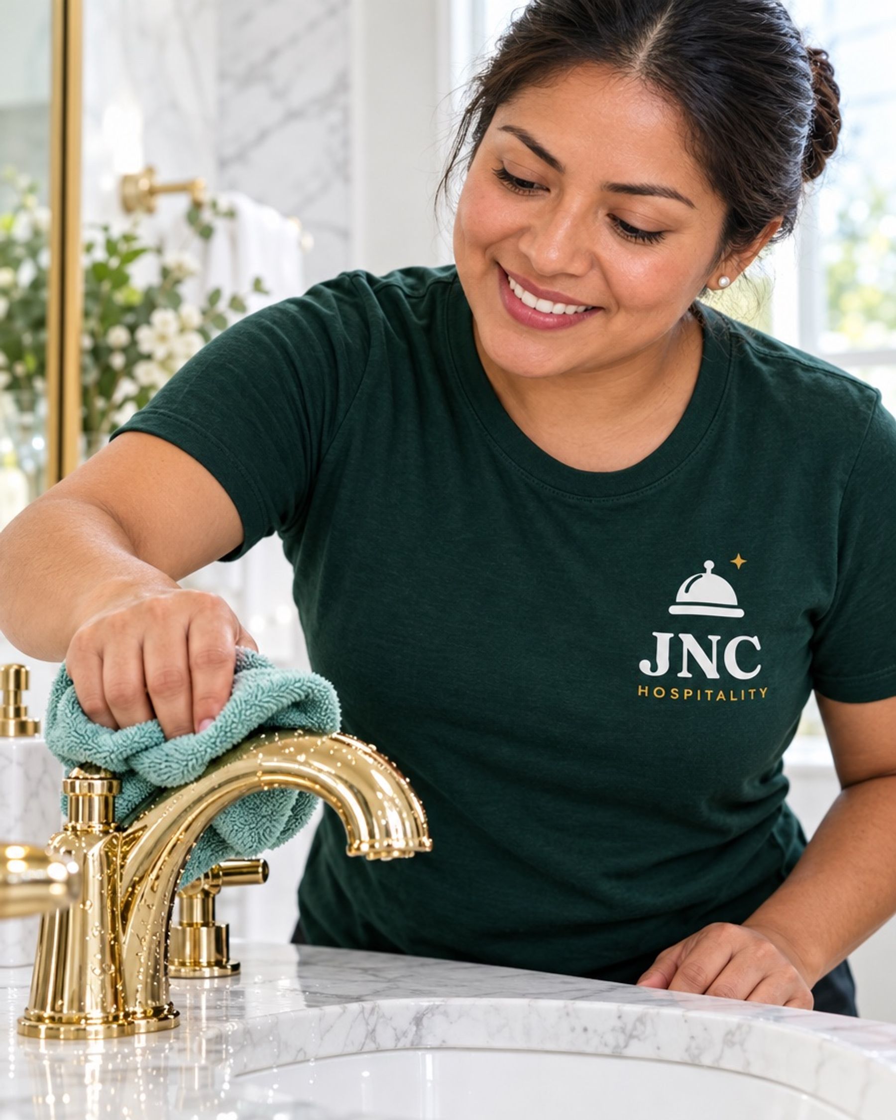 JNC cleaner smiling while wiping a surface