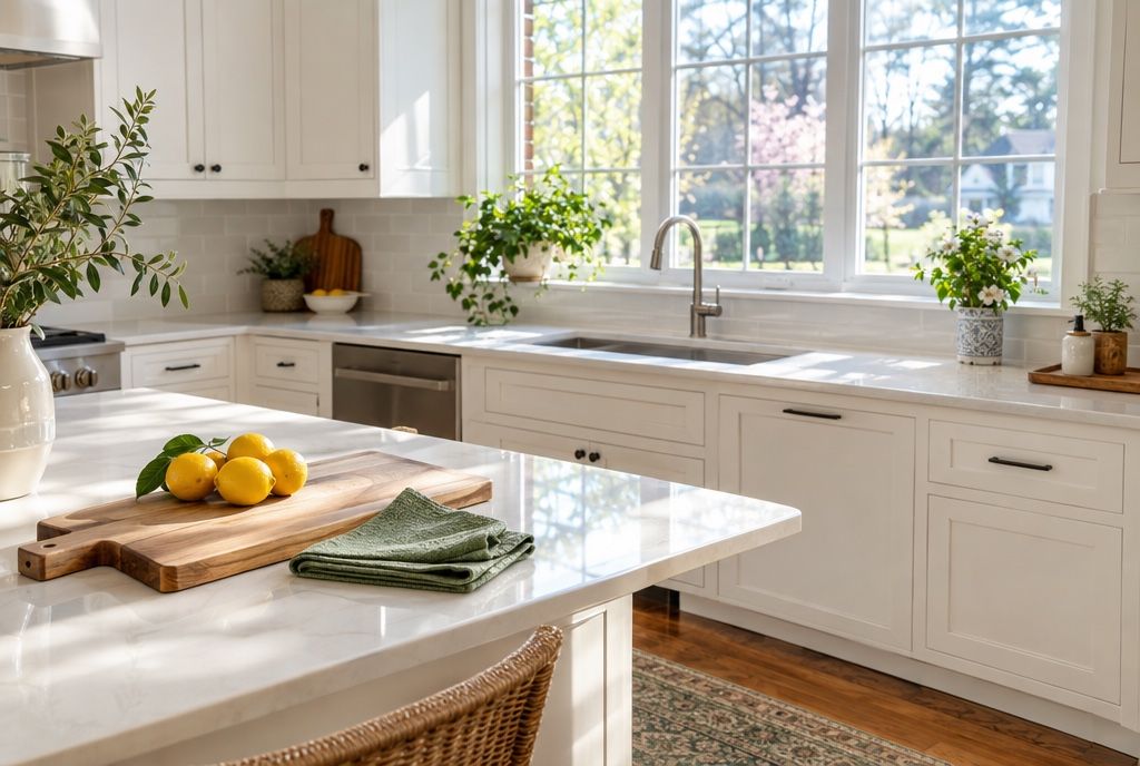 Spotless kitchen with lemons on a cutting board