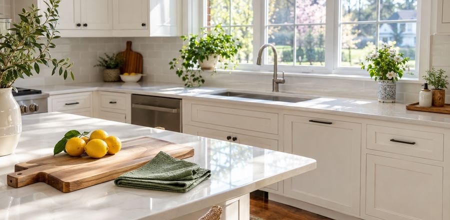 Spotless kitchen with lemons on a cutting board