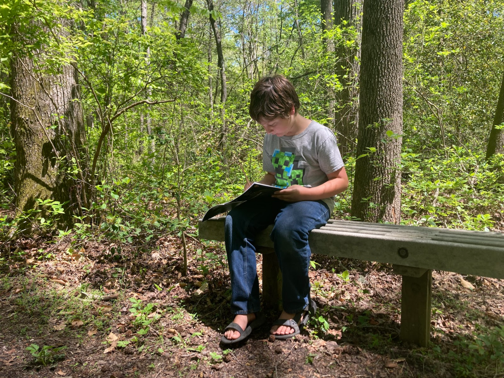 Child reading on a bench
