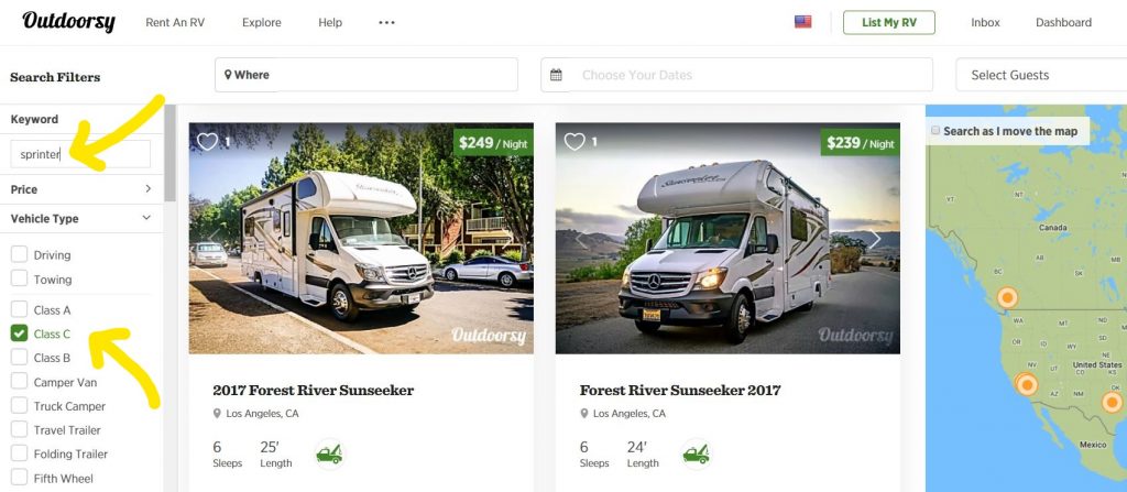 Sprinter-class-c-motorhome-rental-search-filters | Outdoorsy RV Rental Marketplace