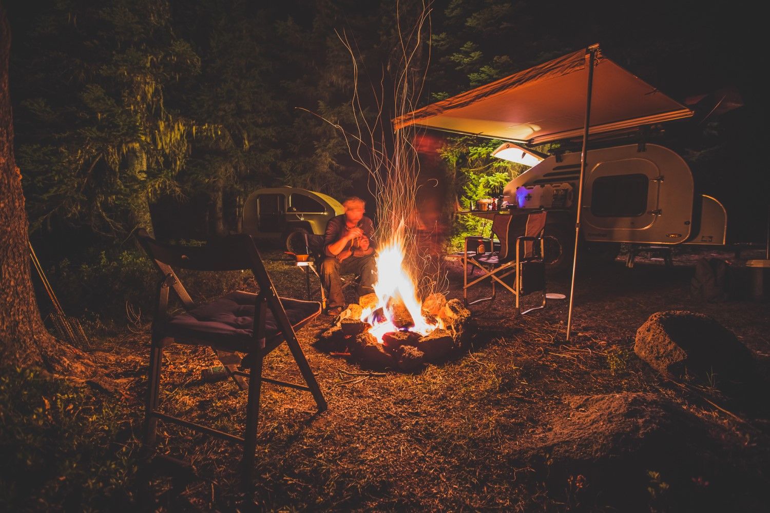 small trailer camping at night