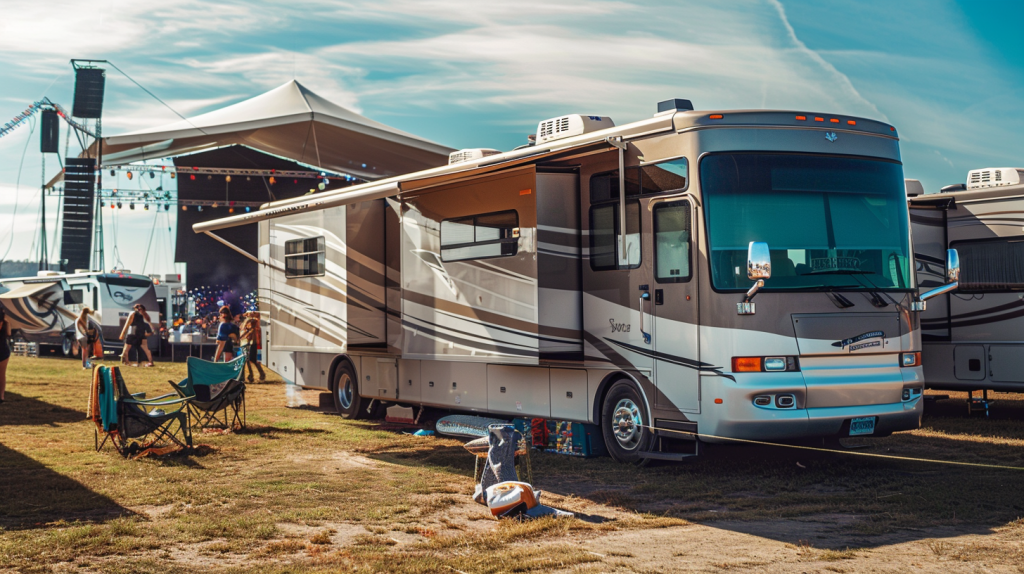 Class A motorhome at an RV friendly music festival