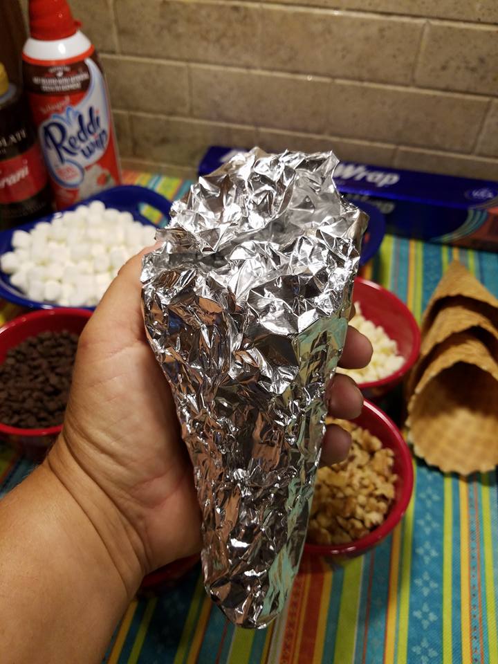 Waffle cone s'mores ready to grill