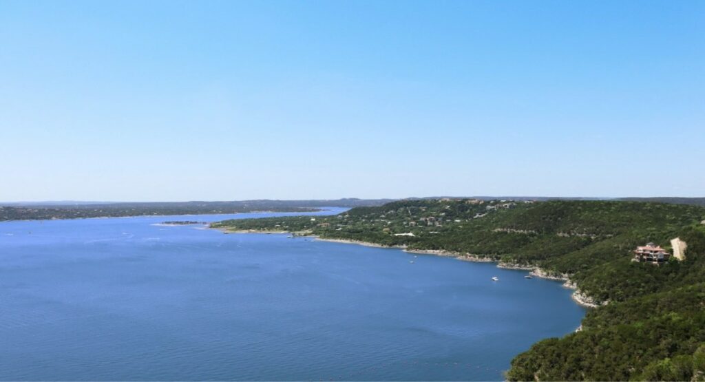 Panoramic aerial view of Lake Travis stretching into the distance