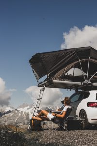 Roof tent in mountains