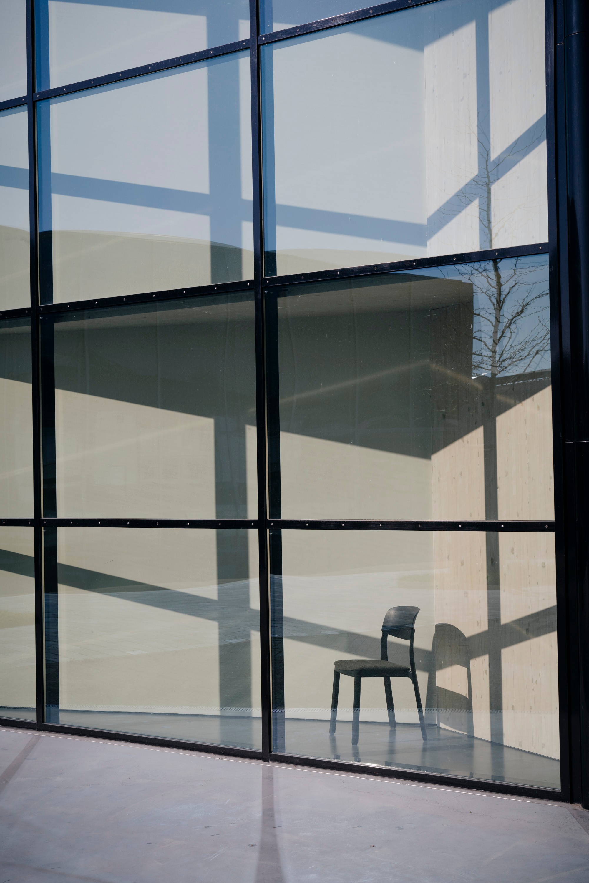 A chair stands alone inside a minimalist space behind a large floor-to-ceiling glass facade with dark metal framing. Geometric shadows from the structure fall across the pale concrete walls inside, and a bare tree is reflected in the glass.