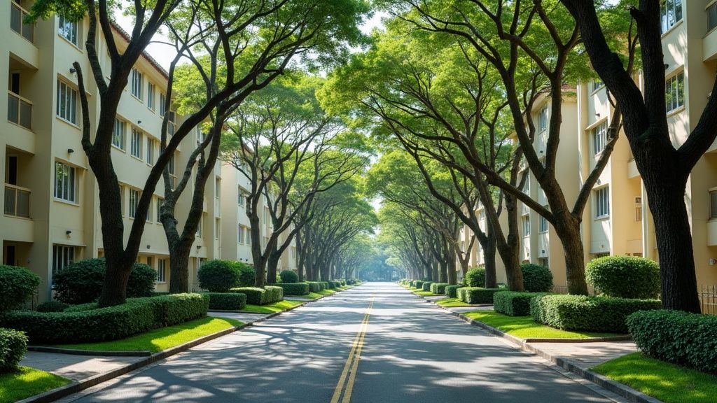 Quiet tree-lined street in a mature Singapore HDB estate with low-rise blocks and arching rain trees casting dappled shade