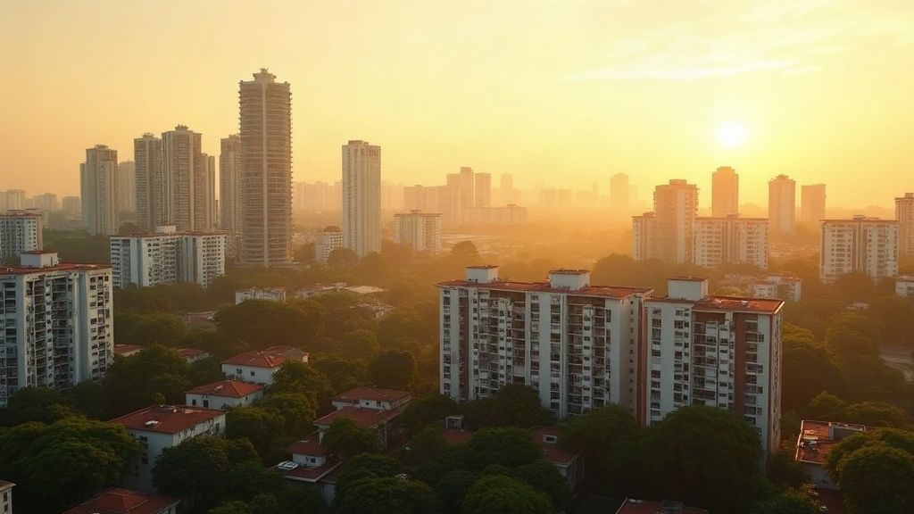 Singapore skyline at golden hour with HDB blocks and condominium towers rising above trees