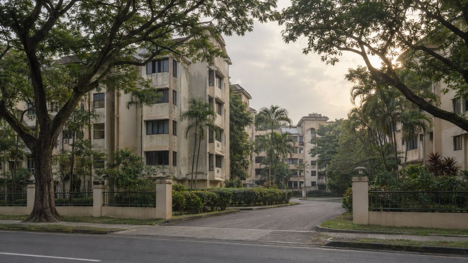 An older private condominium estate in Singapore seen from the road