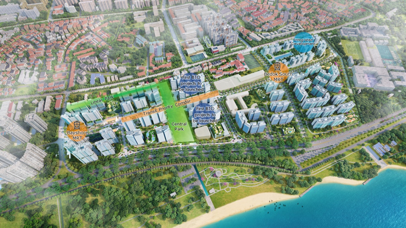 URA Bayshore masterplan showing planned neighbourhood centre, green connectors, and 12,500 new homes