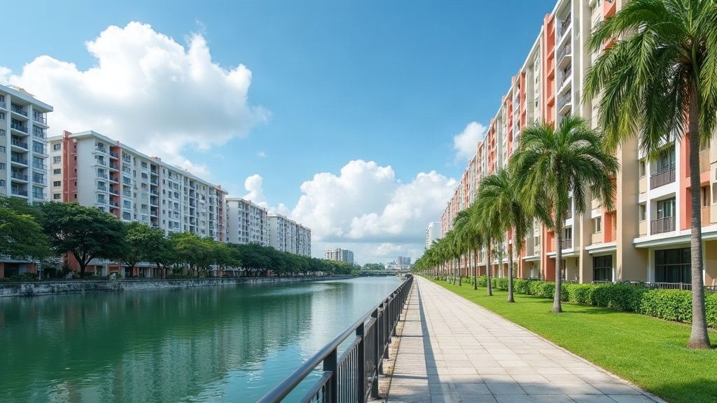 Empty promenade along a waterway with colourful HDB blocks and palm trees under a blue sky