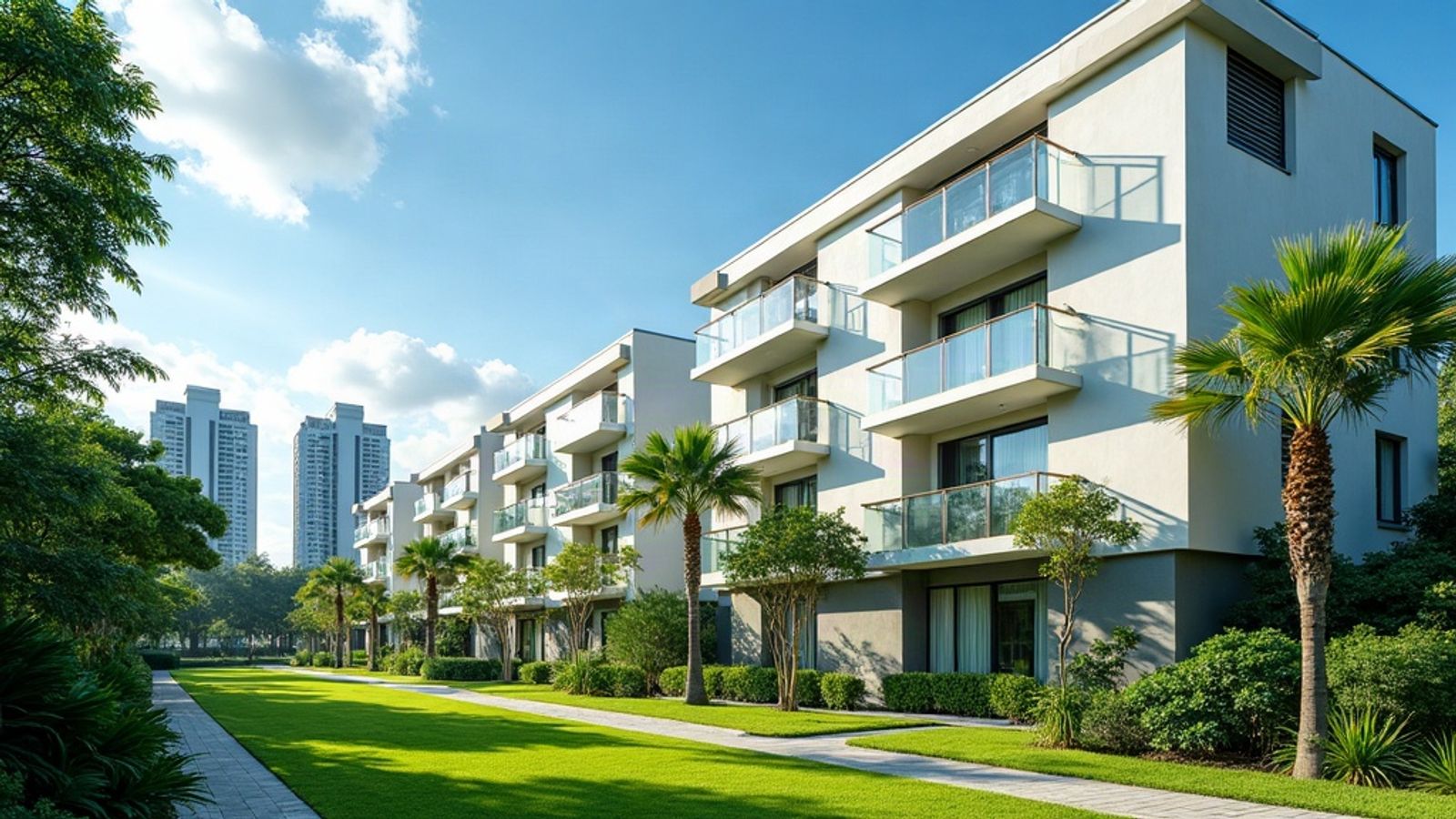 Low-rise Singapore condominium with glass balconies and palms on a green lawn, with high-rise blocks behind under a blue sky