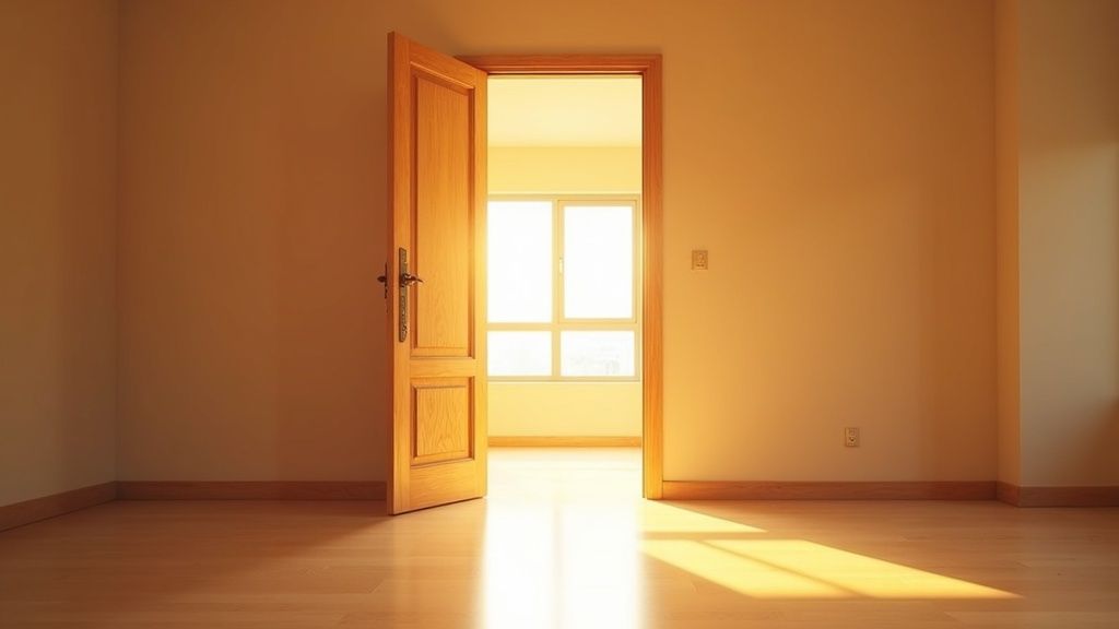 Front door of a bright new HDB flat opening onto a sunlit interior