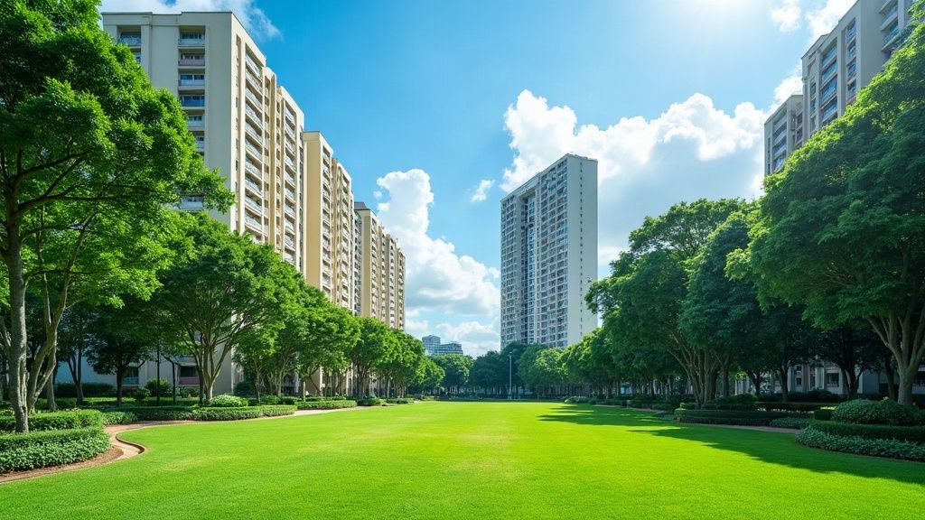A green neighbourhood park in Singapore with HDB blocks on one side and a private condominium tower rising behind trees on the other