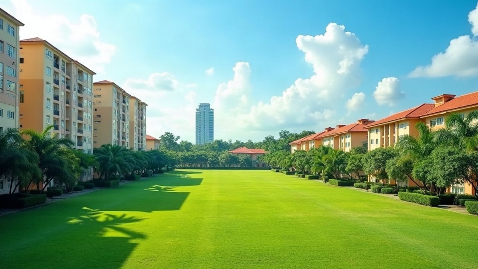 Mature Singapore HDB estate with mid-rise blocks beside a green lawn, clay-tile rooftops among trees and a condominium tower on the horizon